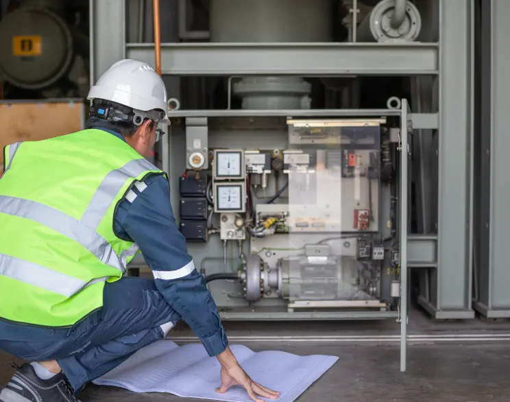 Electrical technician reviewing switchgear and technical blueprints