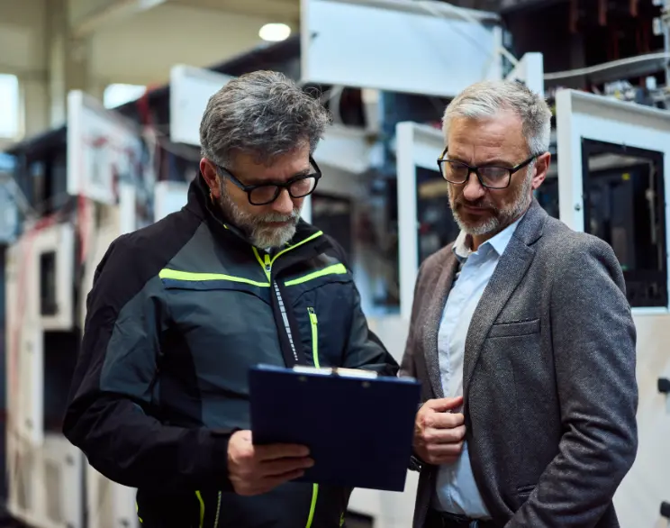 Engineers reviewing electrical performance in an industrial setting